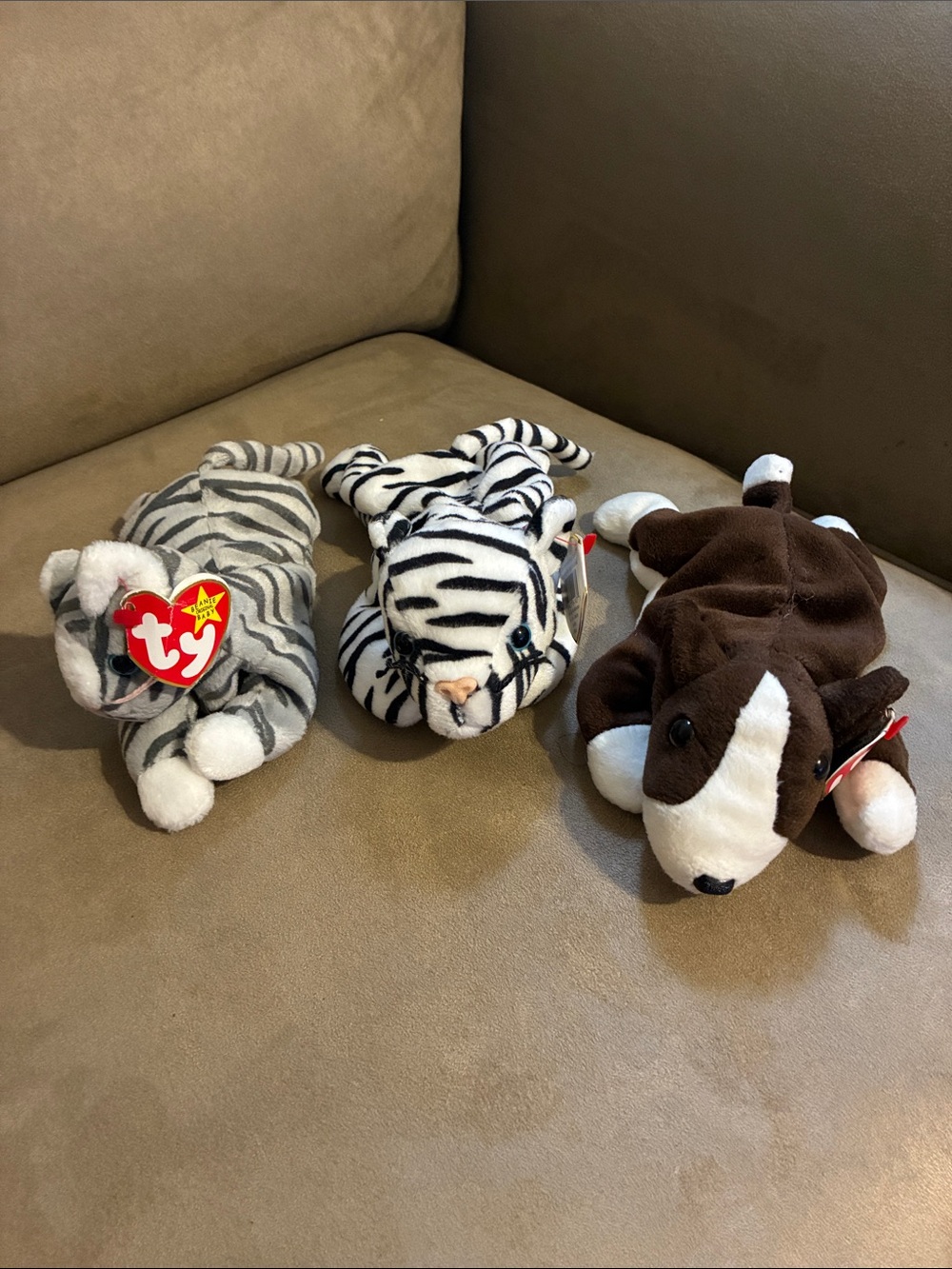 Ty Plush Lot - White & Black Zebra, Gray & Black Tiger, Brown & White Dog